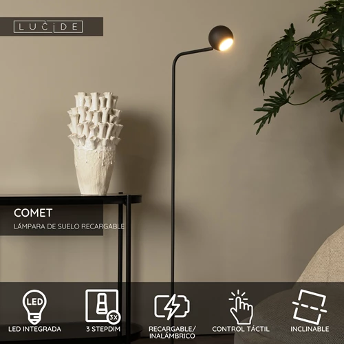 Lucide COMET - Lámpara de suelo Recargable - Batería/acumulador - LED 3 StepDim - 1x3W 2700K - Negro - USP